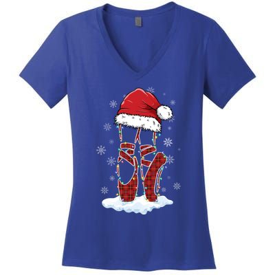 Ballet Shoes Santa Hat Ballerina Dancer Christmas Lights Funny Gift Women's V-Neck T-Shirt