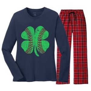 Baseball Shamrock St. Patrick's Day Irish Saint Paddys Gift Women's Long Sleeve Flannel Pajama Set 