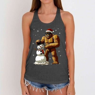 Bigfoot Santa Snowman Xmas Christmas Graphic Women's Knotted Racerback Tank