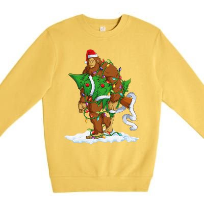 Bigfoot Sasquatch Santa Hat Christmas Xmas Tree Pjs Funny Premium Crewneck Sweatshirt