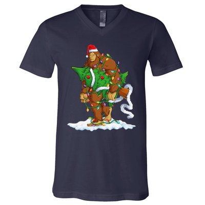 Bigfoot Sasquatch Santa Hat Christmas Xmas Tree Pjs Funny V-Neck T-Shirt