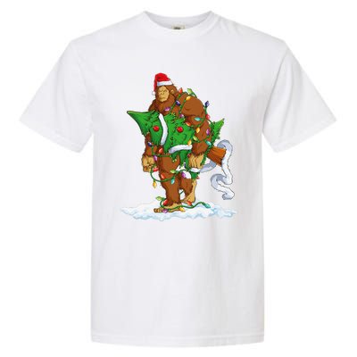 Bigfoot Sasquatch Santa Hat Christmas Xmas Tree Pjs Funny Garment-Dyed Heavyweight T-Shirt