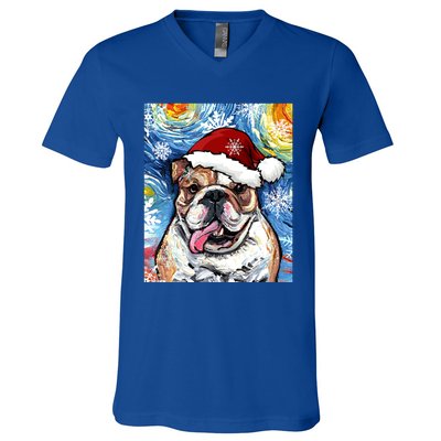 Bulldog Santa Starry Night Dog Christmas Holiday Art By Aja Meaningful Gift V-Neck T-Shirt