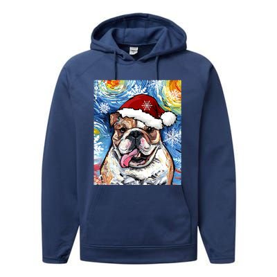 Bulldog Santa Starry Night Dog Christmas Holiday Art By Aja Meaningful Gift Performance Fleece Hoodie