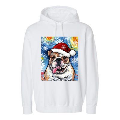 Bulldog Santa Starry Night Dog Christmas Holiday Art By Aja Meaningful Gift Garment-Dyed Fleece Hoodie