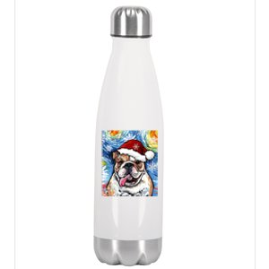 Bulldog Santa Starry Night Dog Christmas Holiday Art By Aja Meaningful Gift Stainless Steel Insulated Water Bottle