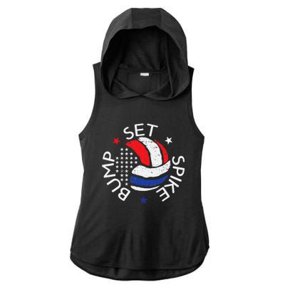 Bump Set Spike America Volleyball Red White Blue Ladies PosiCharge Tri-Blend Wicking Draft Hoodie Tank