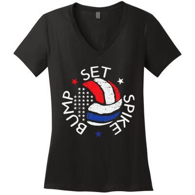 Bump Set Spike America Volleyball Red White Blue Women's V-Neck T-Shirt