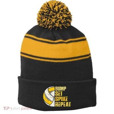 Bump Set Spike Repeat Volleyball Funny Stripe Pom Pom Beanie