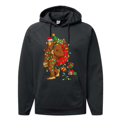 Bigfoot Sasquatch Santa Hat Christmas Xmas Tree Pjs Performance Fleece Hoodie