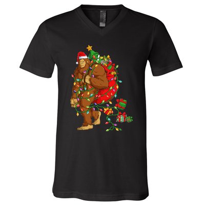 Bigfoot Sasquatch Santa Hat Christmas Xmas Tree Pjs V-Neck T-Shirt