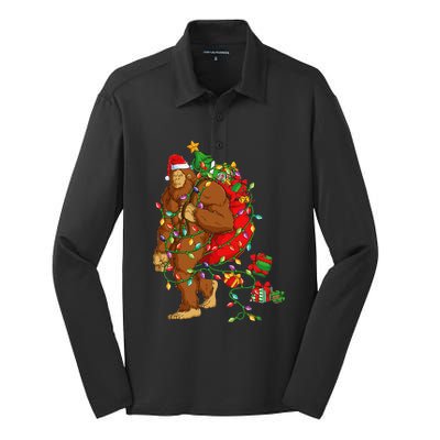 Bigfoot Sasquatch Santa Hat Christmas Xmas Tree Pjs Silk Touch Performance Long Sleeve Polo