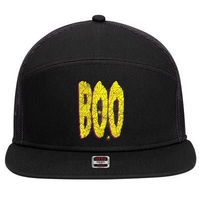 Boo Spiderwebs Spooky Dangling Spider Halloween 7 Panel Mesh Trucker Snapback Hat