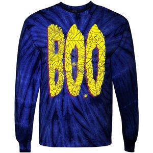 Boo Spiderwebs Spooky Dangling Spider Halloween Tie-Dye Long Sleeve Shirt