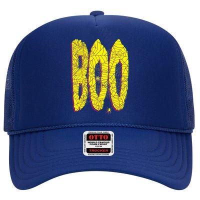 Boo Spiderwebs Spooky Dangling Spider Halloween High Crown Mesh Back Trucker Hat