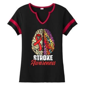 Brain Stroke Survivor Red Ribbon Stroke Awareness  Ladies Halftime Notch Neck Tee