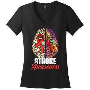 Brain Stroke Survivor Red Ribbon Stroke Awareness  Women's V-Neck T-Shirt