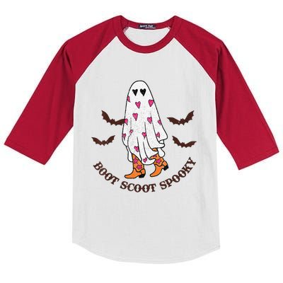 Boot Scoot Spooky Cowboy Ghost Groovy Retro Halloween Gift Kids Colorblock Raglan Jersey