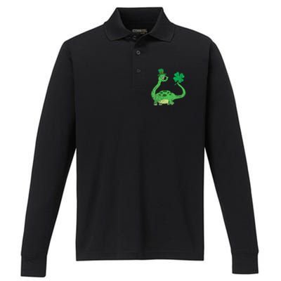 Brontosaurus Shamrock St Patricks Day Performance Long Sleeve Polo