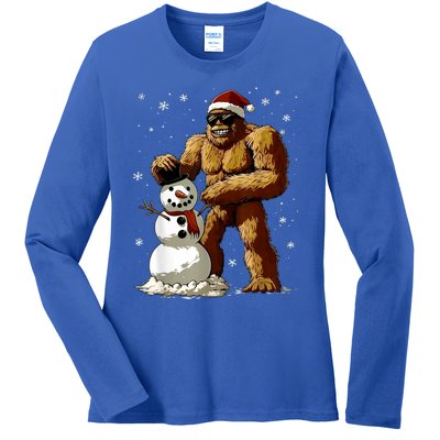 Bigfoot Santa Snowman Xmas Christmas Graphic Ladies Long Sleeve Shirt