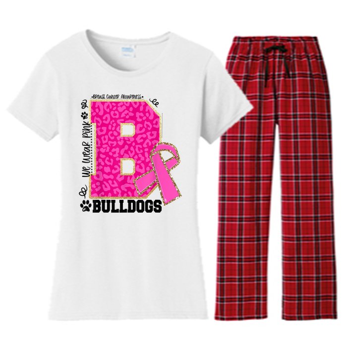 Bulldogs School Spirit Game Day We Wear Pink Breast Cancer Women's Flannel Pajama Set