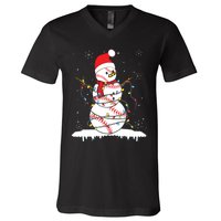 Baseball Snowman Santa Hat Christmas Baseball Player Gift V-Neck T-Shirt