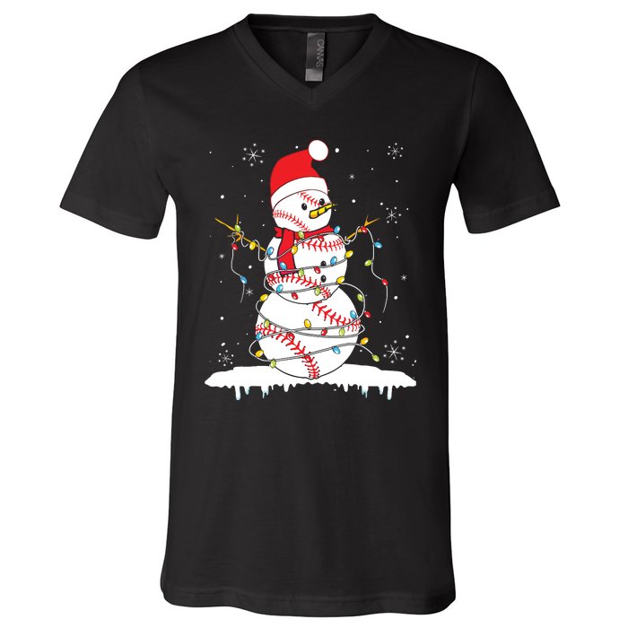 Baseball Snowman Santa Hat Christmas Baseball Player Gift V-Neck T-Shirt