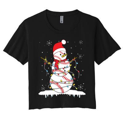Baseball Snowman Santa Hat Christmas Baseball Player Gift Women's Crop Top Tee