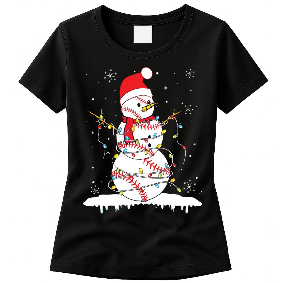 Baseball Snowman Santa Hat Christmas Baseball Player Gift Womens T-Shirt