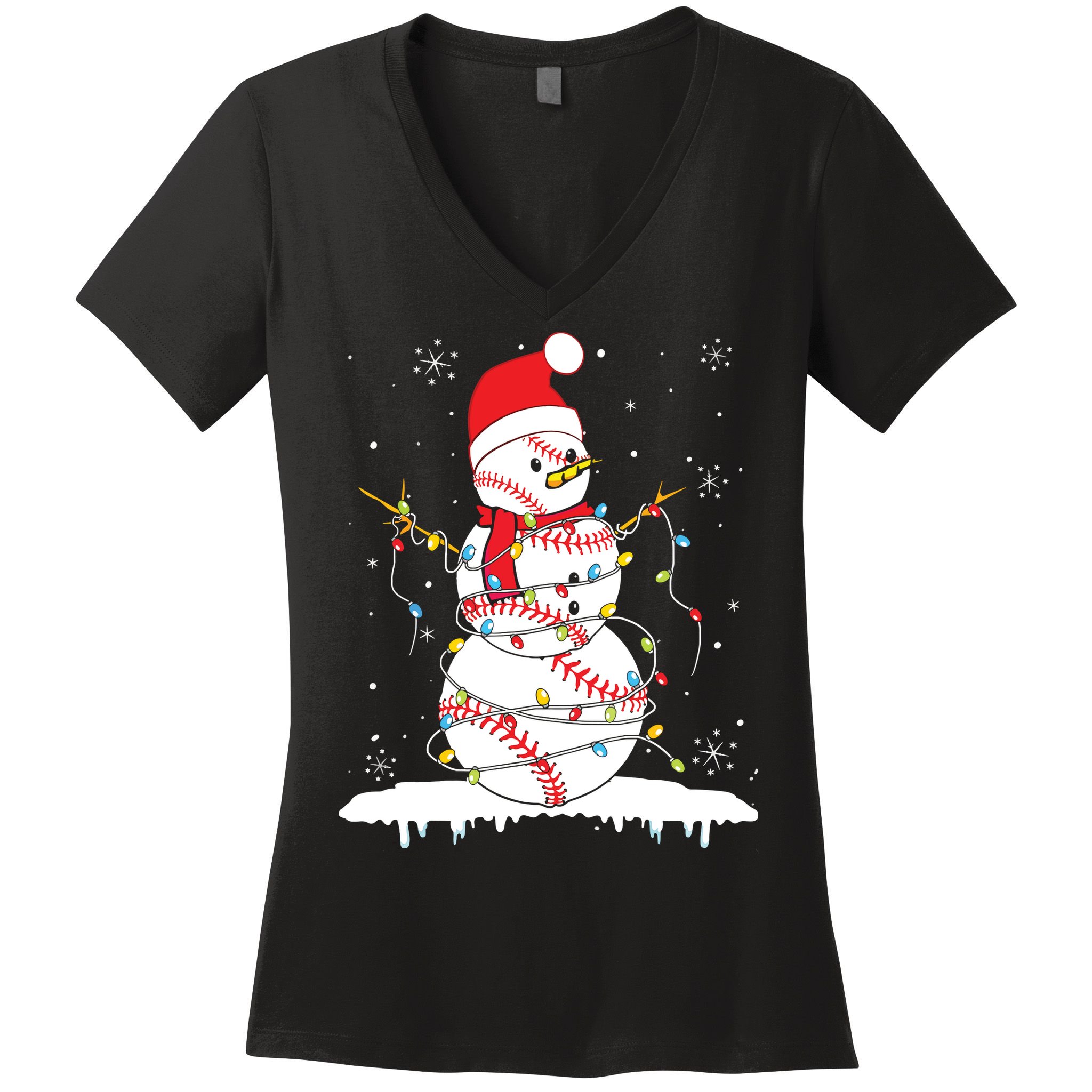 Baseball Snowman Santa Hat Christmas Baseball Player Gift Women's V-Neck T-Shirt