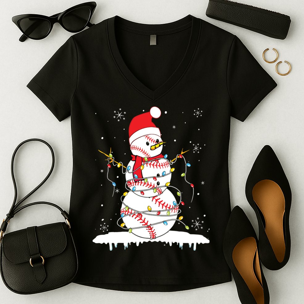 Baseball Snowman Santa Hat Christmas Baseball Player Gift Women's V-Neck T-Shirt