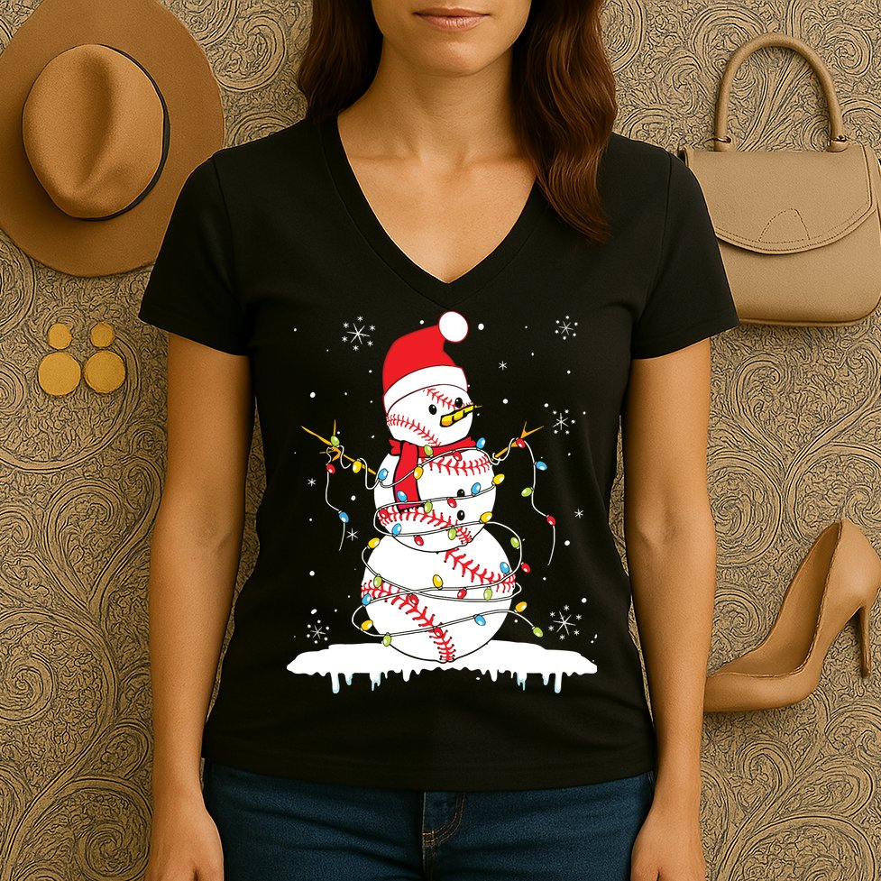Baseball Snowman Santa Hat Christmas Baseball Player Gift Women's V-Neck T-Shirt