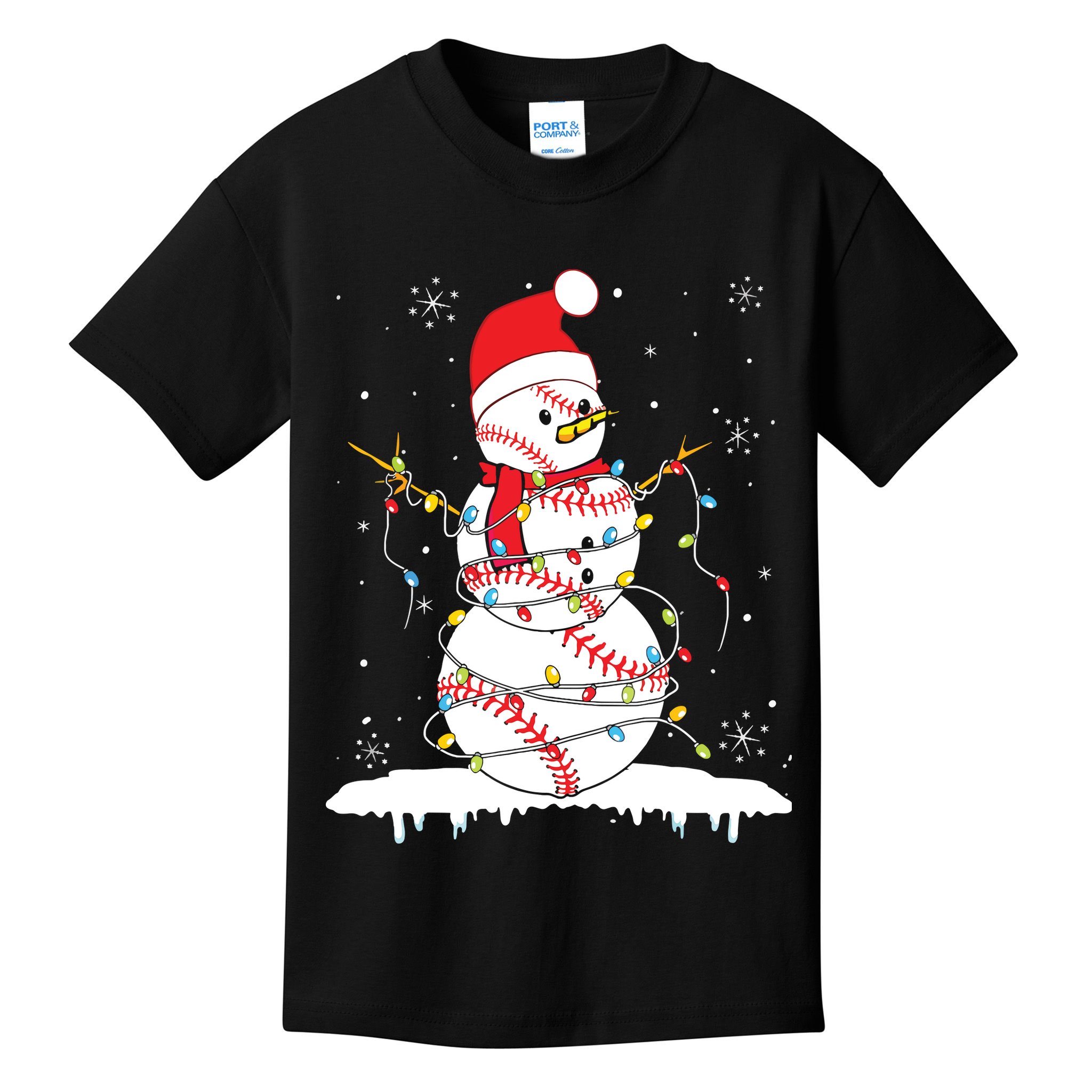 Baseball Snowman Santa Hat Christmas Baseball Player Gift Kids T-Shirt