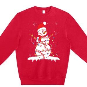 Baseball Snowman Santa Hat Christmas Baseball Player Gift Premium Crewneck Sweatshirt