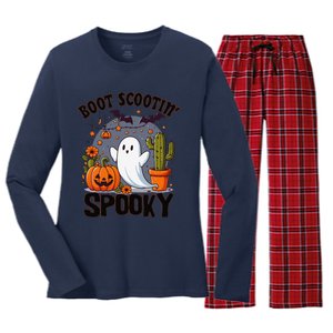 Boot Scootin Spooky Cowboy Halloween Ghost Cute Spooky Women's Long Sleeve Flannel Pajama Set 