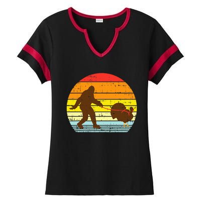 Bigfoot Sasquatch Turkey Sunset Retro Thanksgiving Day Gift Ladies Halftime Notch Neck Tee