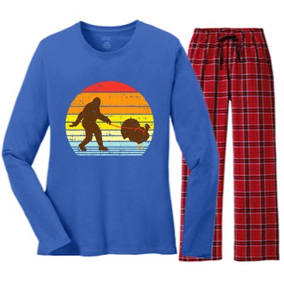 Bigfoot Sasquatch Turkey Sunset Retro Thanksgiving Day Gift Women's Long Sleeve Flannel Pajama Set 