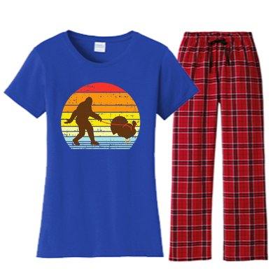 Bigfoot Sasquatch Turkey Sunset Retro Thanksgiving Day Gift Women's Flannel Pajama Set