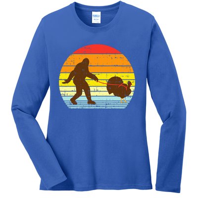 Bigfoot Sasquatch Turkey Sunset Retro Thanksgiving Day Gift Ladies Long Sleeve Shirt