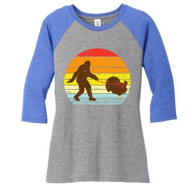 Bigfoot Sasquatch Turkey Sunset Retro Thanksgiving Day Gift Women's Tri-Blend 3/4-Sleeve Raglan Shirt