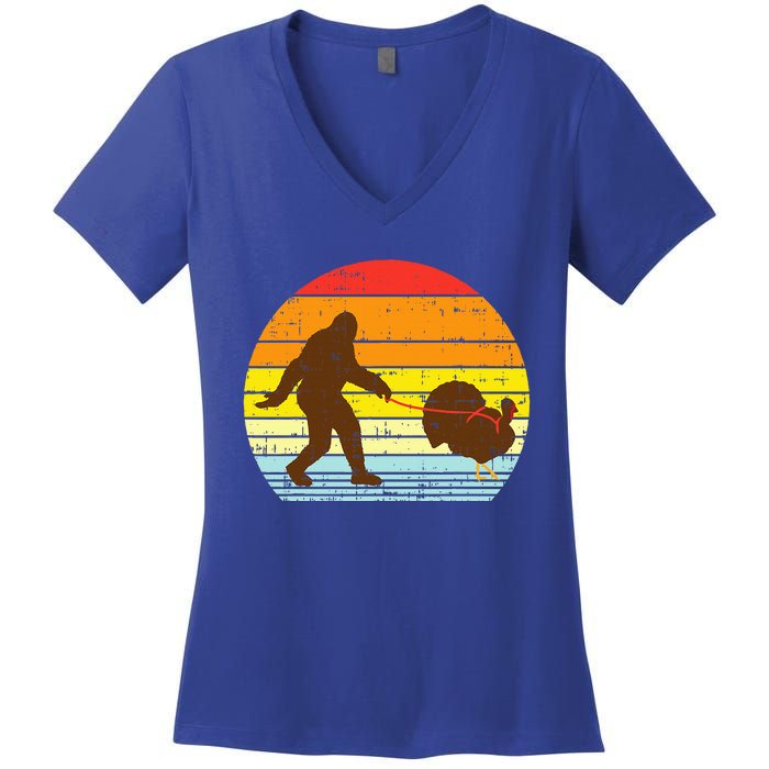 Bigfoot Sasquatch Turkey Sunset Retro Thanksgiving Day Gift Women's V-Neck T-Shirt