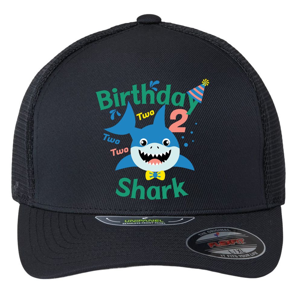 Birthday Shark Two Two Two 2nd Birthday Party Flexfit Unipanel Trucker Cap