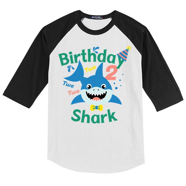 Birthday Shark Two Two Two 2nd Birthday Party Kids Colorblock Raglan Jersey