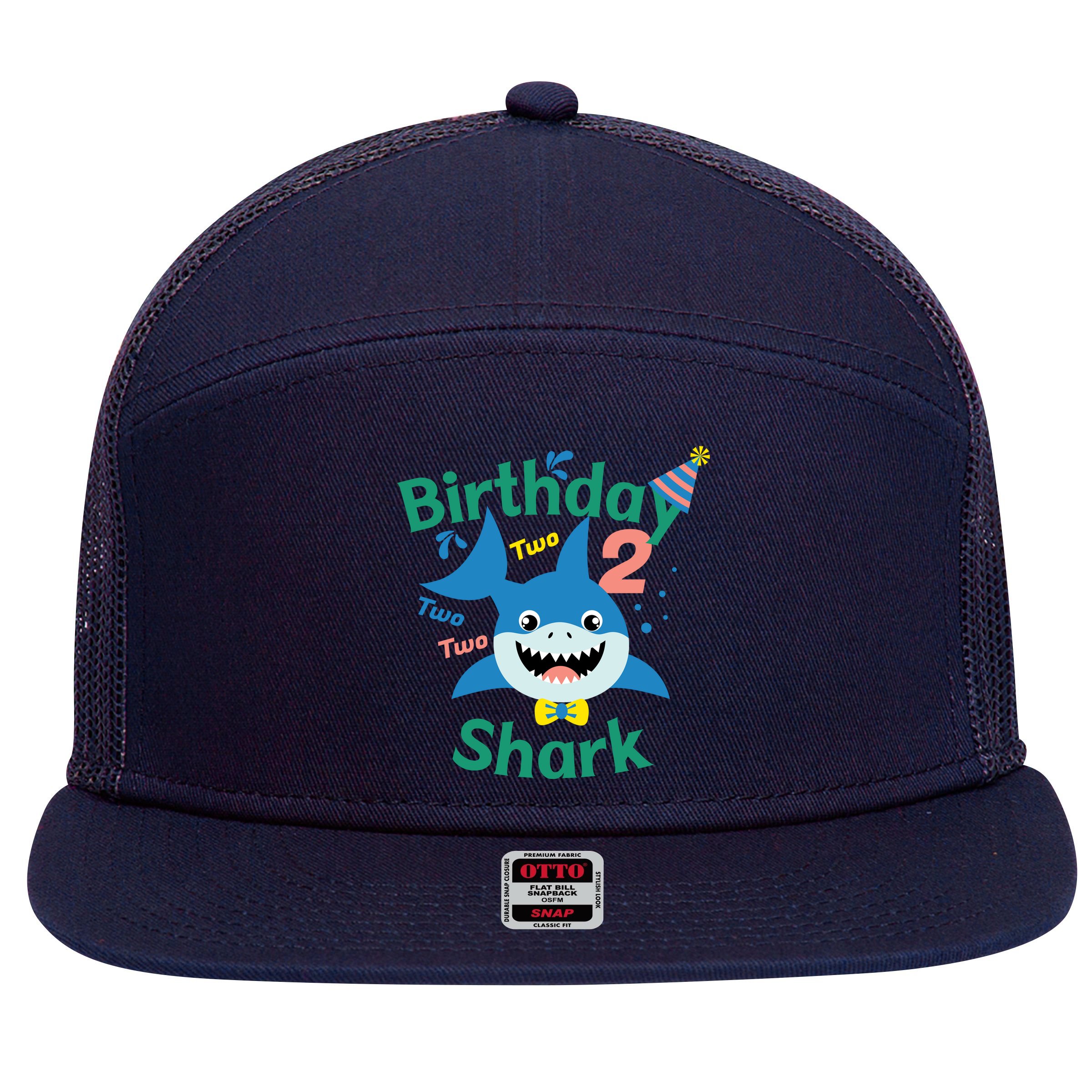 Birthday Shark Two Two Two 2nd Birthday Party 7 Panel Mesh Trucker Snapback Hat