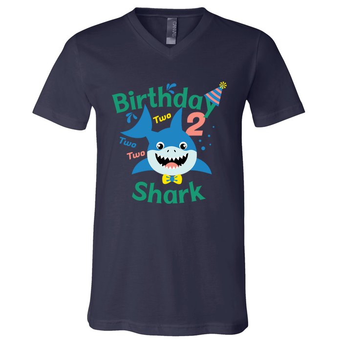 Birthday Shark Two Two Two 2nd Birthday Party V-Neck T-Shirt