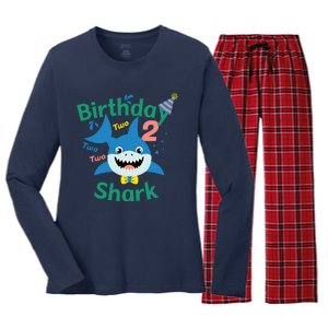 Birthday Shark Two Two Two 2nd Birthday Party Women's Long Sleeve Flannel Pajama Set 