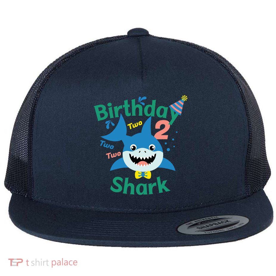 Birthday Shark Two Two Two 2nd Birthday Party Flat Bill Trucker Hat