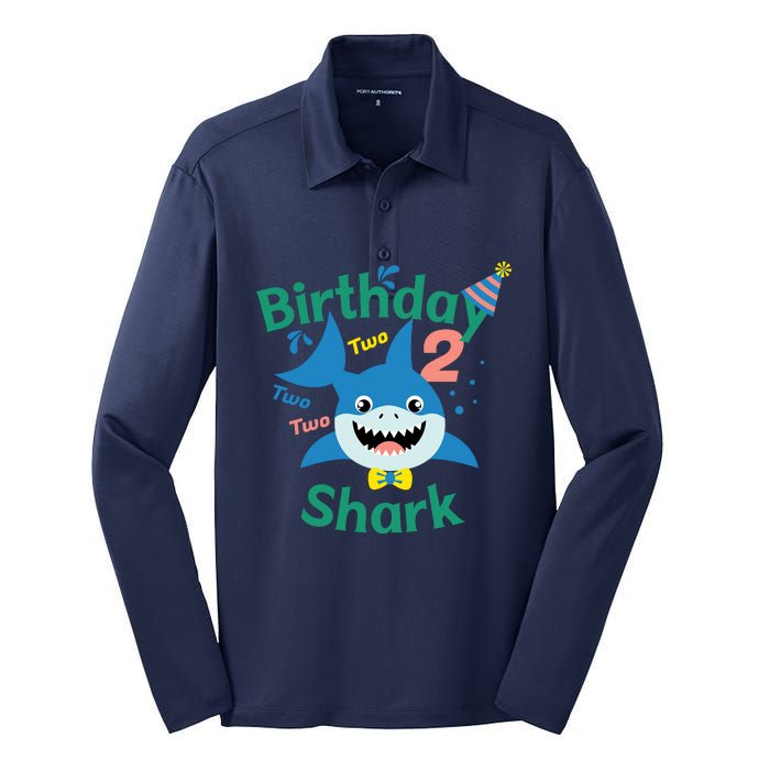 Birthday Shark Two Two Two 2nd Birthday Party Silk Touch Performance Long Sleeve Polo