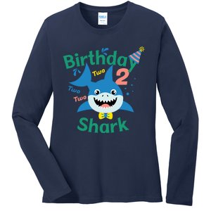 Birthday Shark Two Two Two 2nd Birthday Party Ladies Long Sleeve Shirt