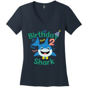 Birthday Shark Two Two Two 2nd Birthday Party Women's V-Neck T-Shirt